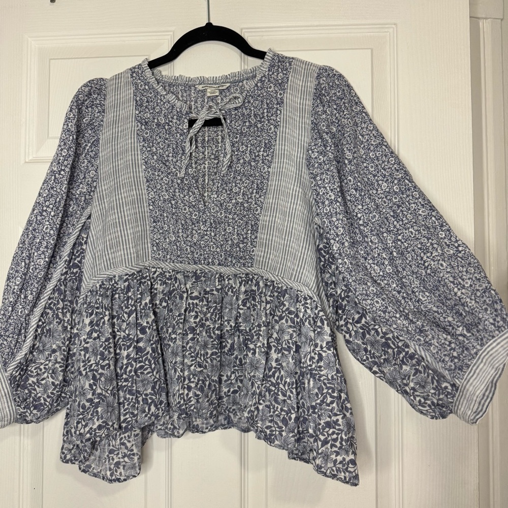 American Eagle AE Blue Long Sleeve Boho Cottage Core Blouse Size Small